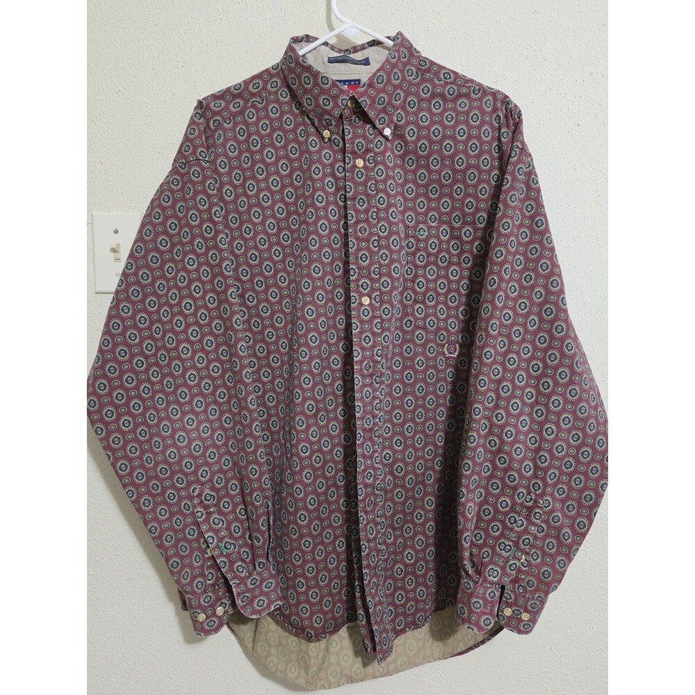 Vintage Tommy Hilfiger Mens XL LS Button Front Shirt Burgundy Geometric Crest